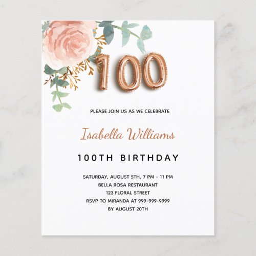 Budget 100th birthday floral rose gold eucalyptus 