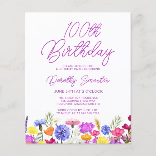 BUDGET 100th Birthday Purple Wildflower Invitation