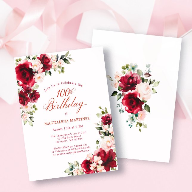 BUDGET 100th Birthday Red Pink Rose Invitation (Creator Uploaded)