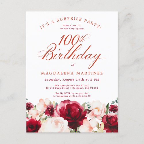 Budget 100th Birthday Surprise Party Pink Red Rose Invitation Postcard