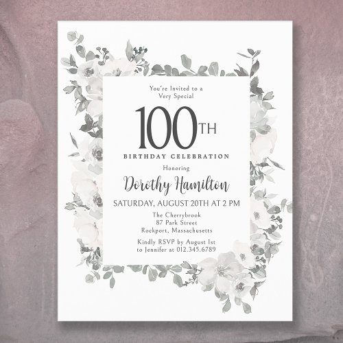 Budget 100th Birthday White Floral Invitation