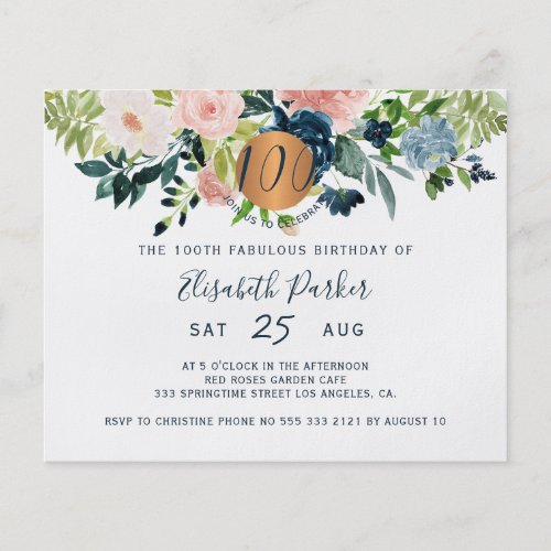 Budget 100th floral birthday party Invitation Flyer