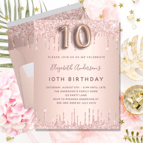BUDGET 10th birthday rose gold glitter invitation