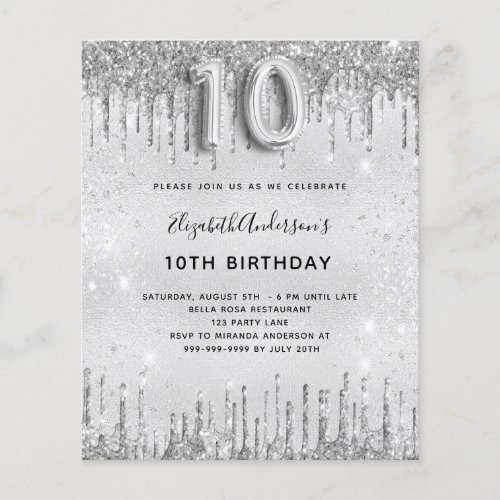 Budget 10th birthday silver glitter invitation