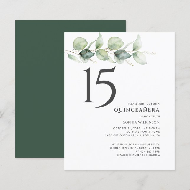 Budget 15th Birthday Eucalyptus Quinceanera Invite (Front/Back)