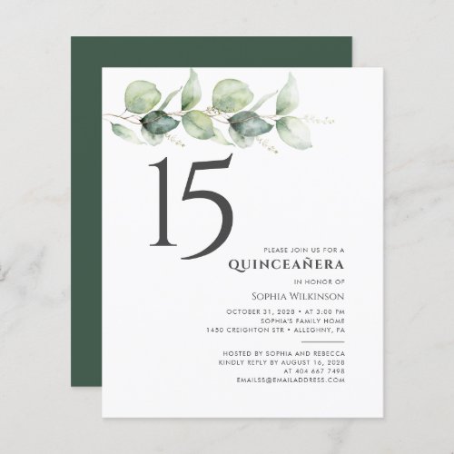 Budget 15th Birthday Eucalyptus Quinceanera Invite