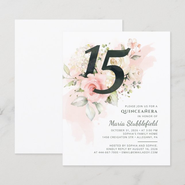 Budget 15th Birthday Floral Quinceanera Invitation (Front/Back)