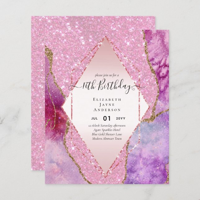 BUDGET 16th Birthday Glittery AGATE Sparkle Invite (Front/Back)