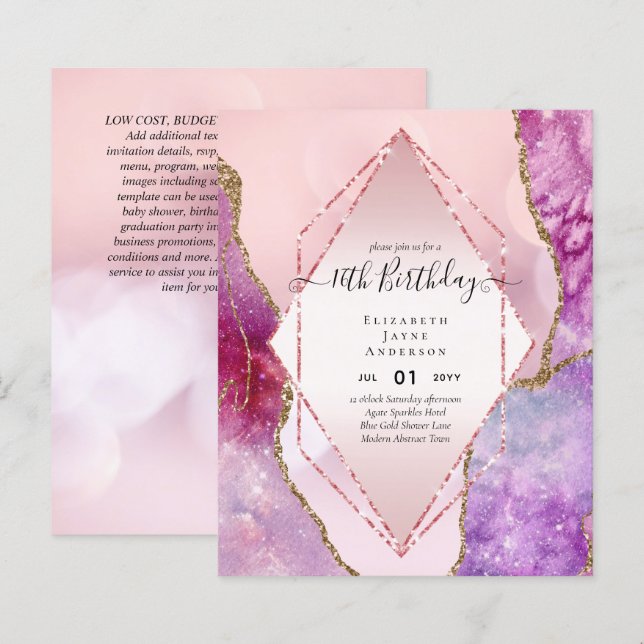 BUDGET 16th Birthday Glittery AGATE Sparkle Invite (Front/Back)