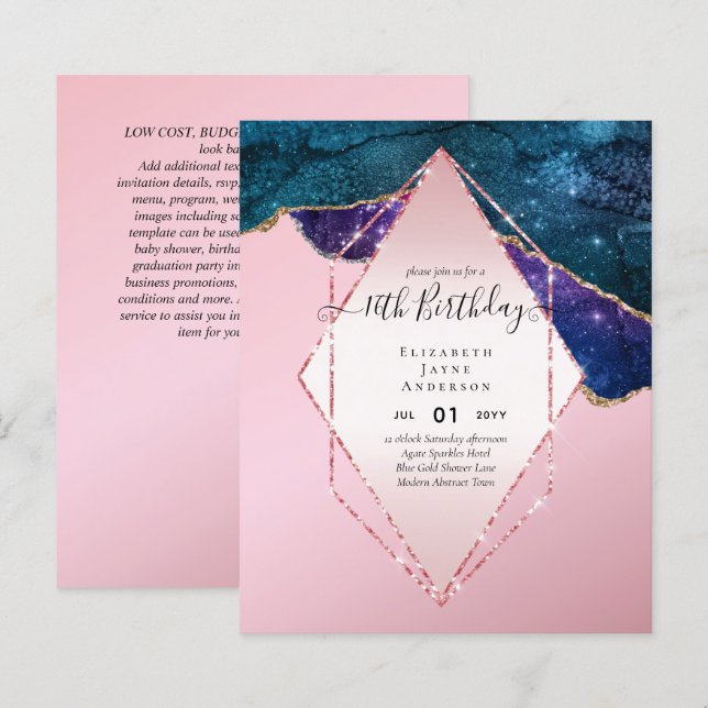 BUDGET 16th Birthday Glittery AGATE Sparkle Invite (Front/Back)