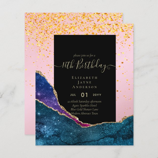 BUDGET 16th Birthday Glittery AGATE Sparkle Invite (Front/Back)