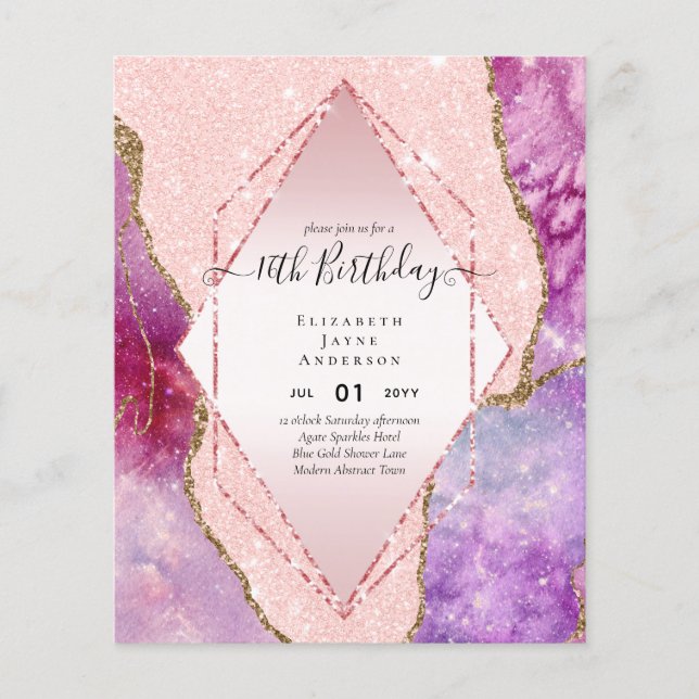 BUDGET 16th Birthday Glittery AGATE Sparkle Invite Flyer (Front)
