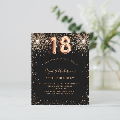 Budget 18th birthday black gold glitter invitation | Zazzle