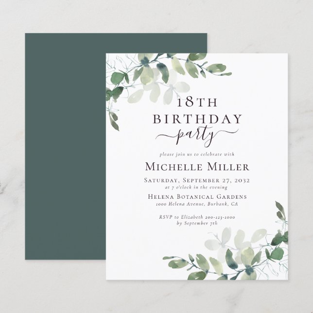 BUDGET 18th Birthday Elegant Eucalyptus Invitation (Front/Back)
