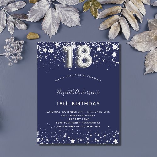 Budget 18th birthday navy blue silver invitation