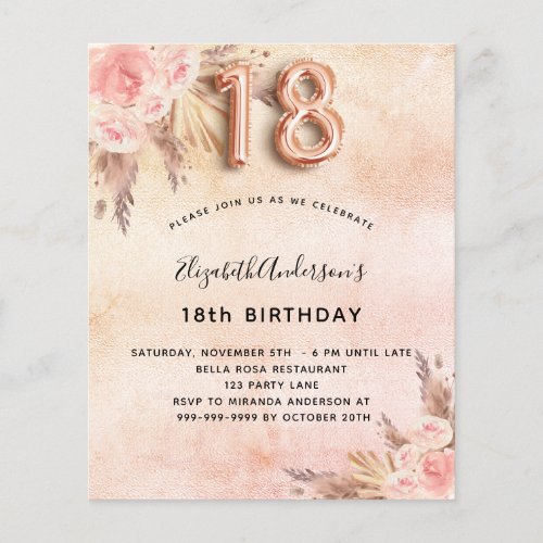 Budget 18th birthday pampas grass rose invitation