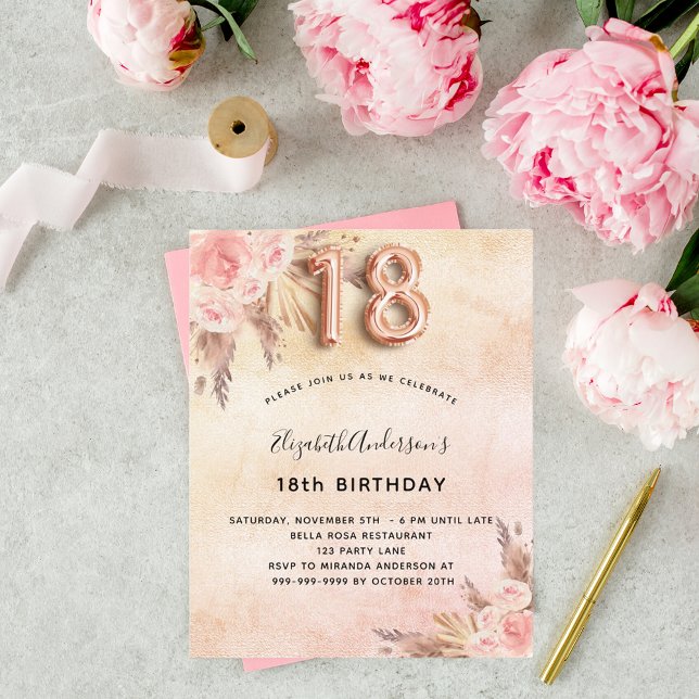 Budget 18th birthday pampas grass rose invitation (Creator Uploaded)