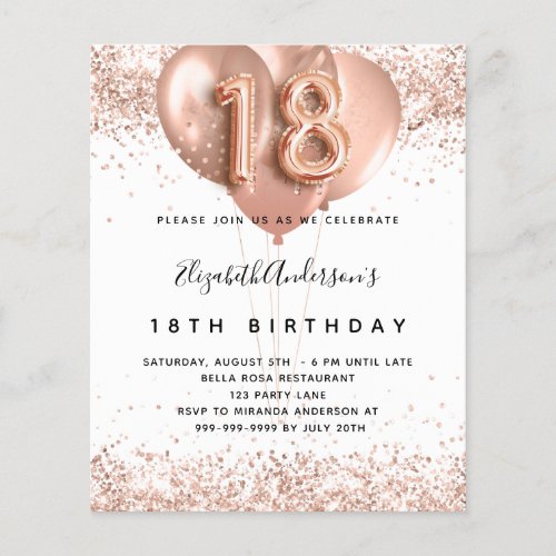 Budget 18th birthday rose gold balloons invitation