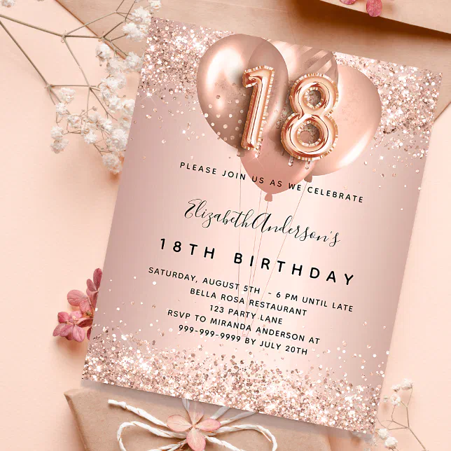 Budget 18th birthday rose gold balloons invitation | Zazzle