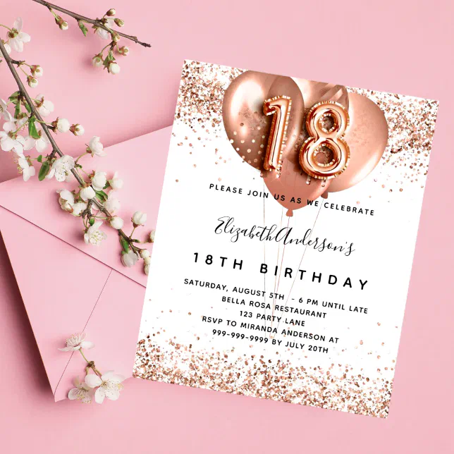 Budget 18th birthday rose gold balloons invitation | Zazzle