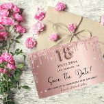 Budget 18th birthday rose gold save the date<br><div class="desc">A girly and trendy Save the Date card for a 18th birthday party. Rose gold gradient background decorated with rose gold and faux silver glitter drips and dust. Personalize and add a date and name/text. The text: Save the Date is written with a large trendy hand lettered style script. Number...</div>