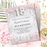 Budget 18th birthday silver pink invitation<br><div class="desc">A modern,  stylish and glamorous invitation for a girl's 18th birthday party.  A faux silver looking background,  decorated with pink and faux silver glitter dust.    Personalize and add your name nad party details.  Number 18 is written with a balloon style font,  script.</div>