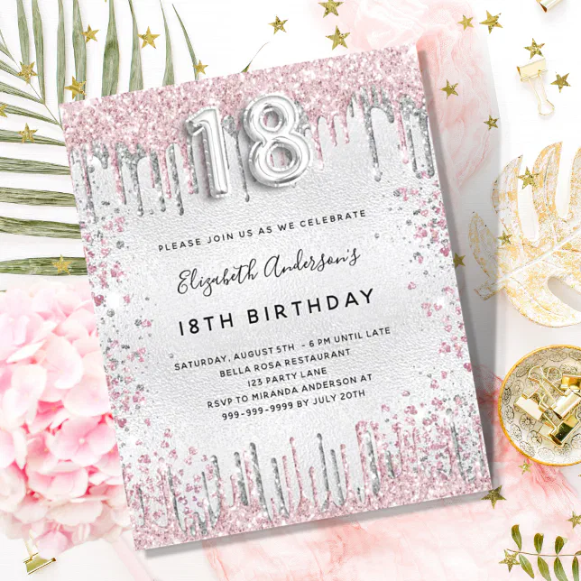 Budget 18th birthday silver pink invitation | Zazzle