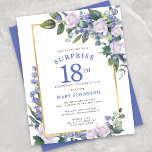 Budget 18th Birthday Surprise Party Invitation<br><div class="desc">Honor a special woman with this elegant and feminine Budget 18th Birthday Surprise Party invitation. Surprise and 18th are written in large blue text. Birthday Celebration follows. The honored guest's name is also in blue capital letters. The birthday celebration details are surrounded by a chic gold frame. The blue flowers...</div>