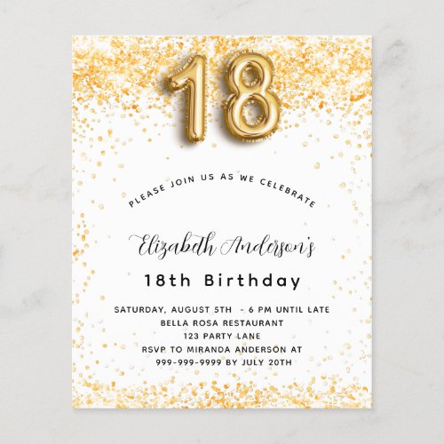 Budget 18th birthday white gold glitter invitation