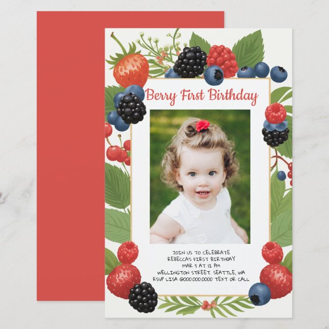 Budget 1st Birthday Berry First Photo Invite (Front/Back)