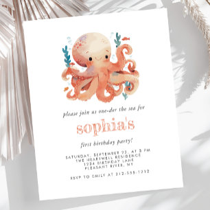 Budget 1st Birthday Cute Watercolor Octopus Invite
