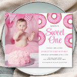 Budget 1st Birthday Photo Donut Pink Invitation<br><div class="desc">Invite family and friends to your baby girl's first birthday party with this cute budget Invitation. It is decorated with pink watercolor donuts and says "She's a Sweet One" in stylish script typography.
Easily customizable with your photo and details.
Original Watercolor © Michele Davies.</div>