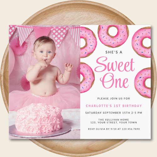 Budget 1st Birthday Photo Donut Pink Invitation