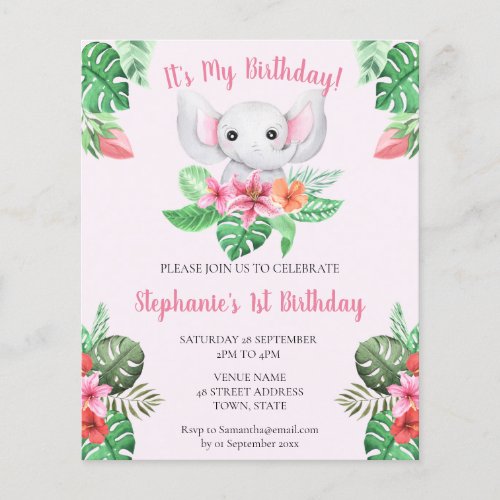 Budget 1st Birthday Pink Elephant Girl Invite