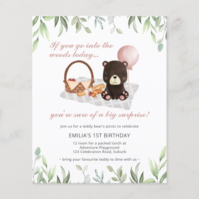 Budget 1st Birthday Teddy Bear Picnic Pink  (Front)