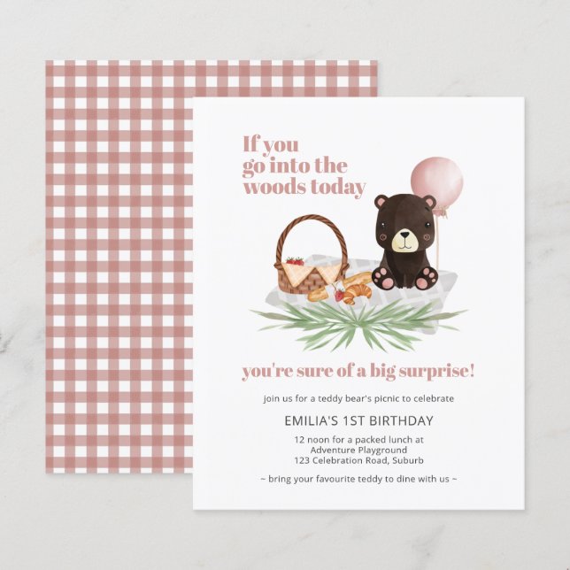 Budget 1st Birthday Teddy Bear Picnic Pink Invite (Front/Back)
