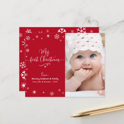 Budget 1st Christmas Baby Photo Snowflake Red Card