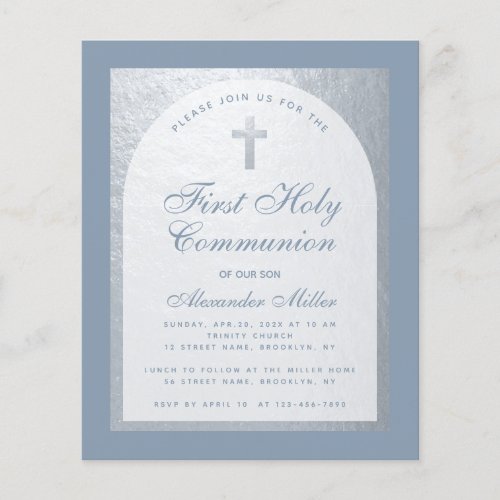 Budget 1st Communion Dusty Blue Silver Invitation