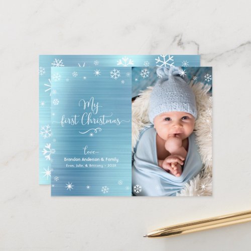 Budget 1st Holiday Baby Photo Snowflakes Blue Card