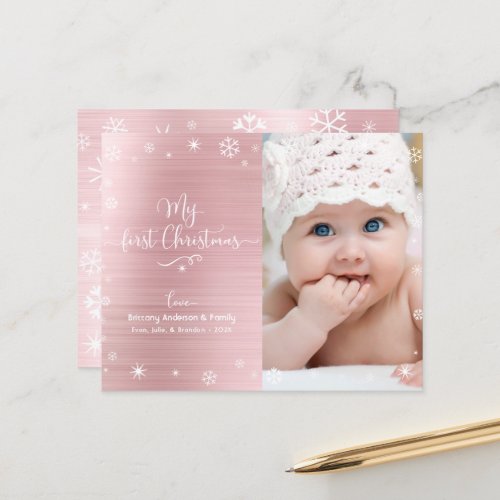Budget 1st Holiday Baby Photo Snowflakes Pink Card