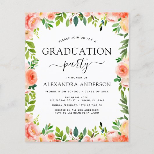 Budget 2022 Coral Peach Graduation Invitation (Front)