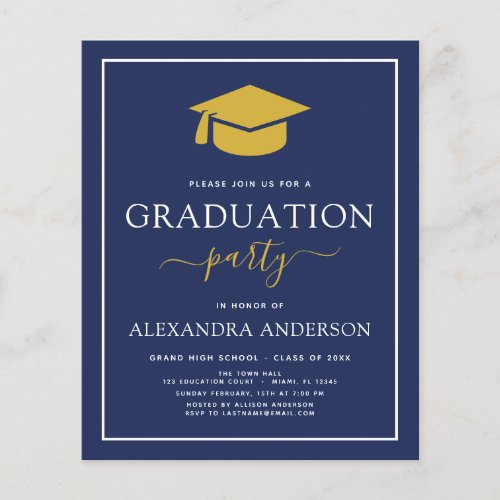 Budget 2022 Graduation Navy Blue Gold Invitation