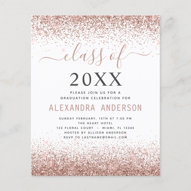Budget 2022 Graduation Pink Rose Gold Glitter Flyer (Front)
