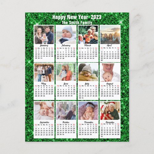 Budget 2023 Calendar 12 Photo Green Glitter Card Flyer