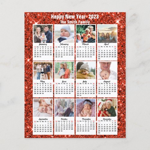 Budget 2023 Calendar 12 Photo Red Glitter Card Flyer