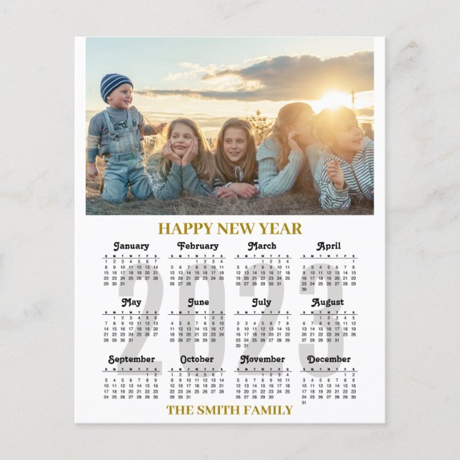 Budget 2023 Calendar Modern Gold Script Photo Card Flyer (Front)
