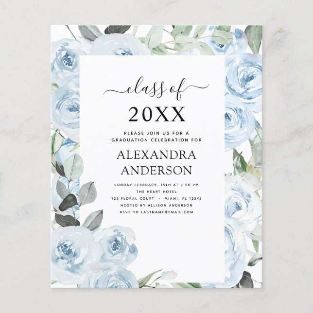 Budget 2023 Dusty Blue Graduation Floral Greenery Flyer (Front)