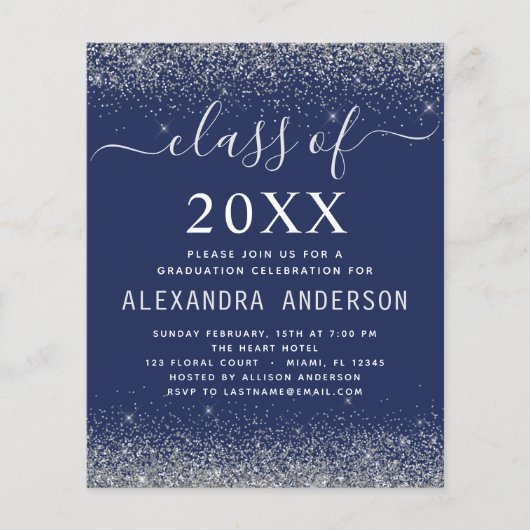 Budget 2023 Navy Blue Silver Graduation Invitation (Front)