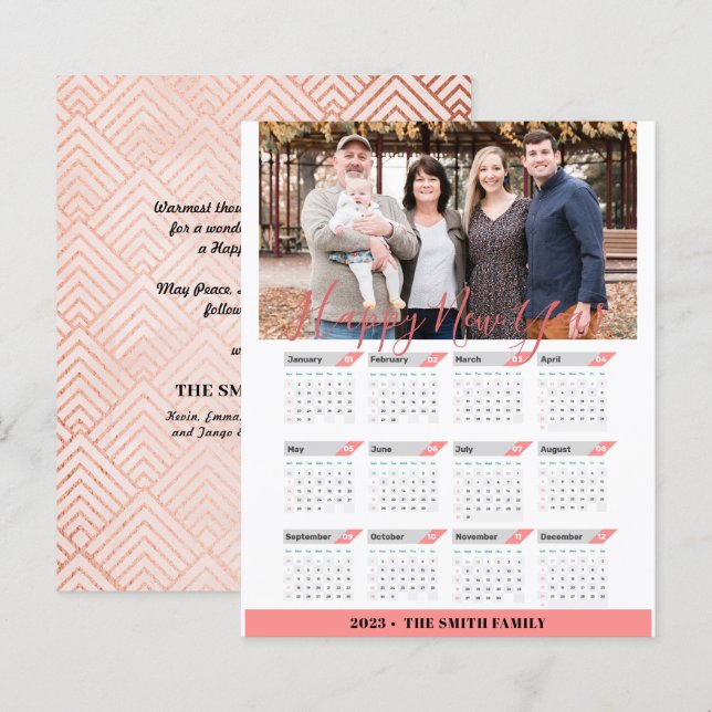 Budget 2023 Rose Gold Calendar Modern Photo Card (Front/Back)