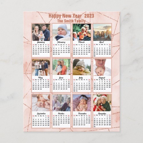 Budget 2023 Rose Gold Family Photo Calendar Card Flyer